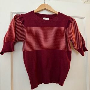 Pink striped short sleeve sweater, puff sleeve, never worn